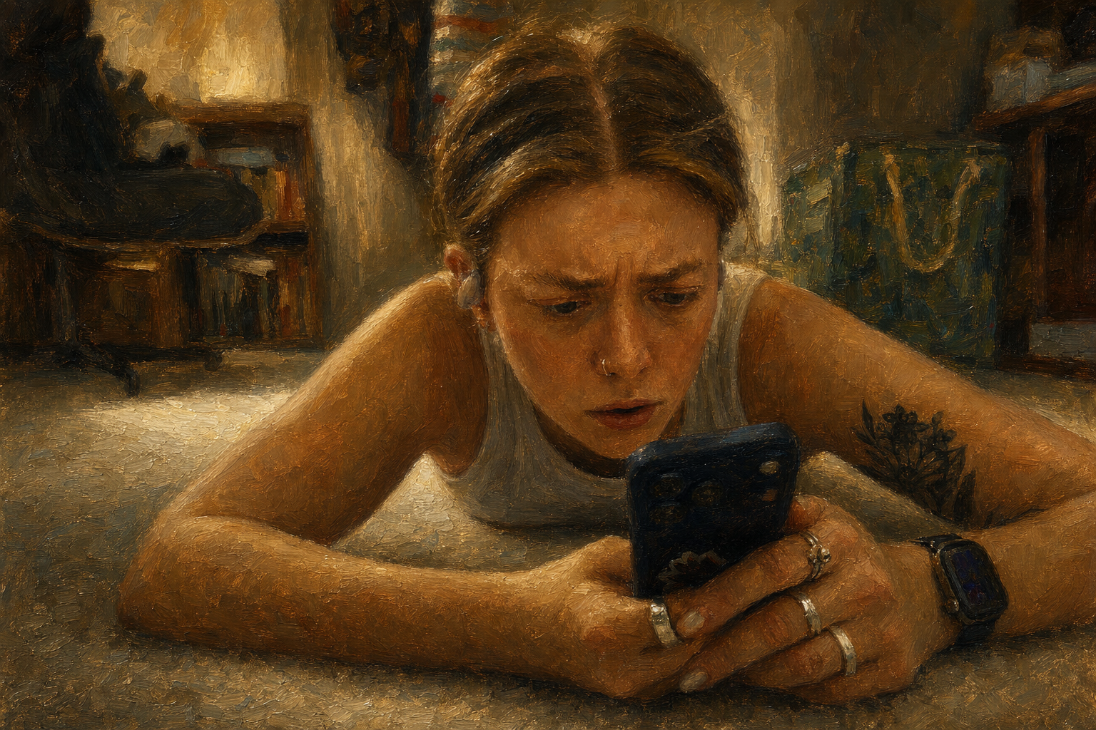 She checks her phone; the floor remembers when people looked at each other.