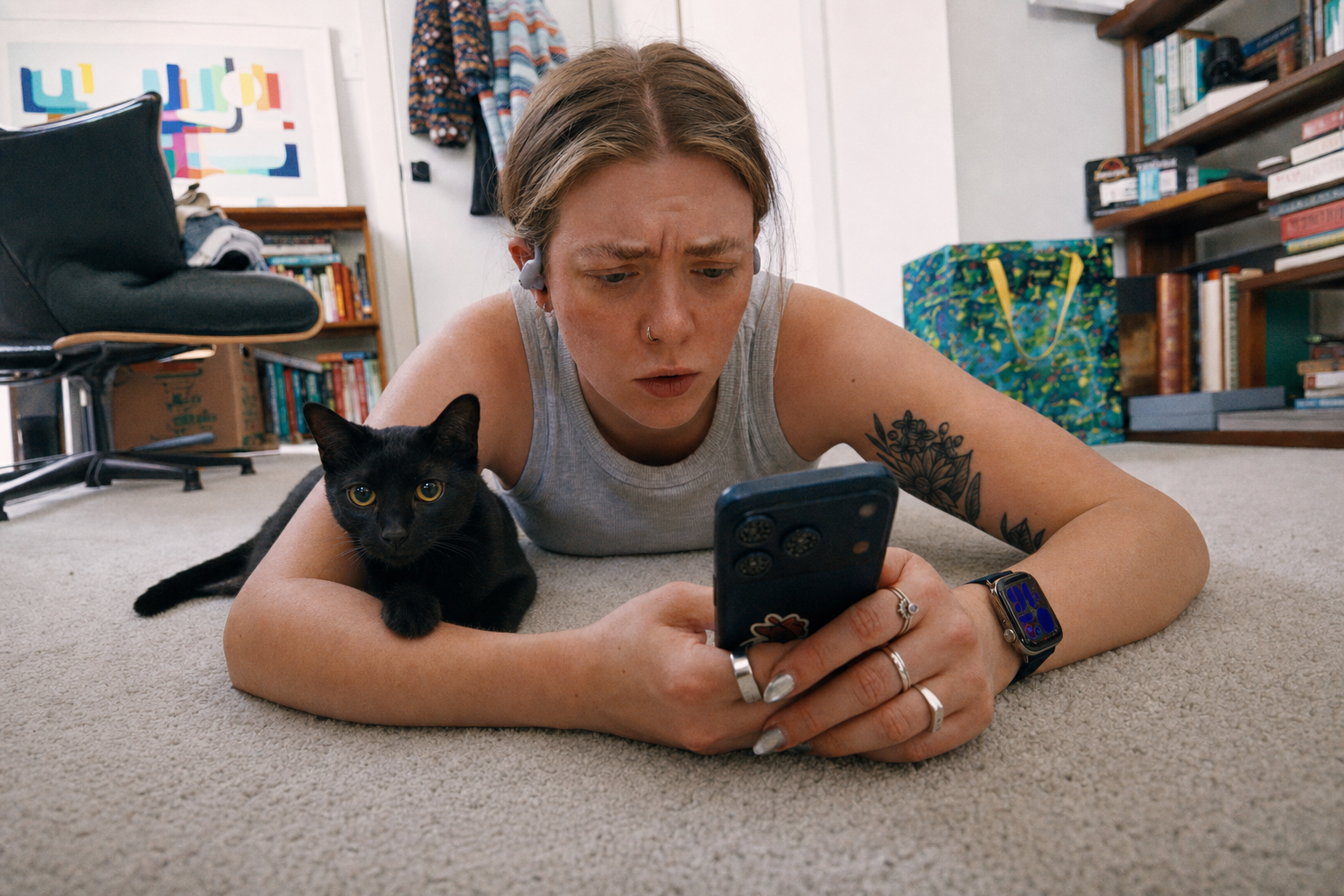 The cat watches her scroll; the phone will never love her back, but it tries.