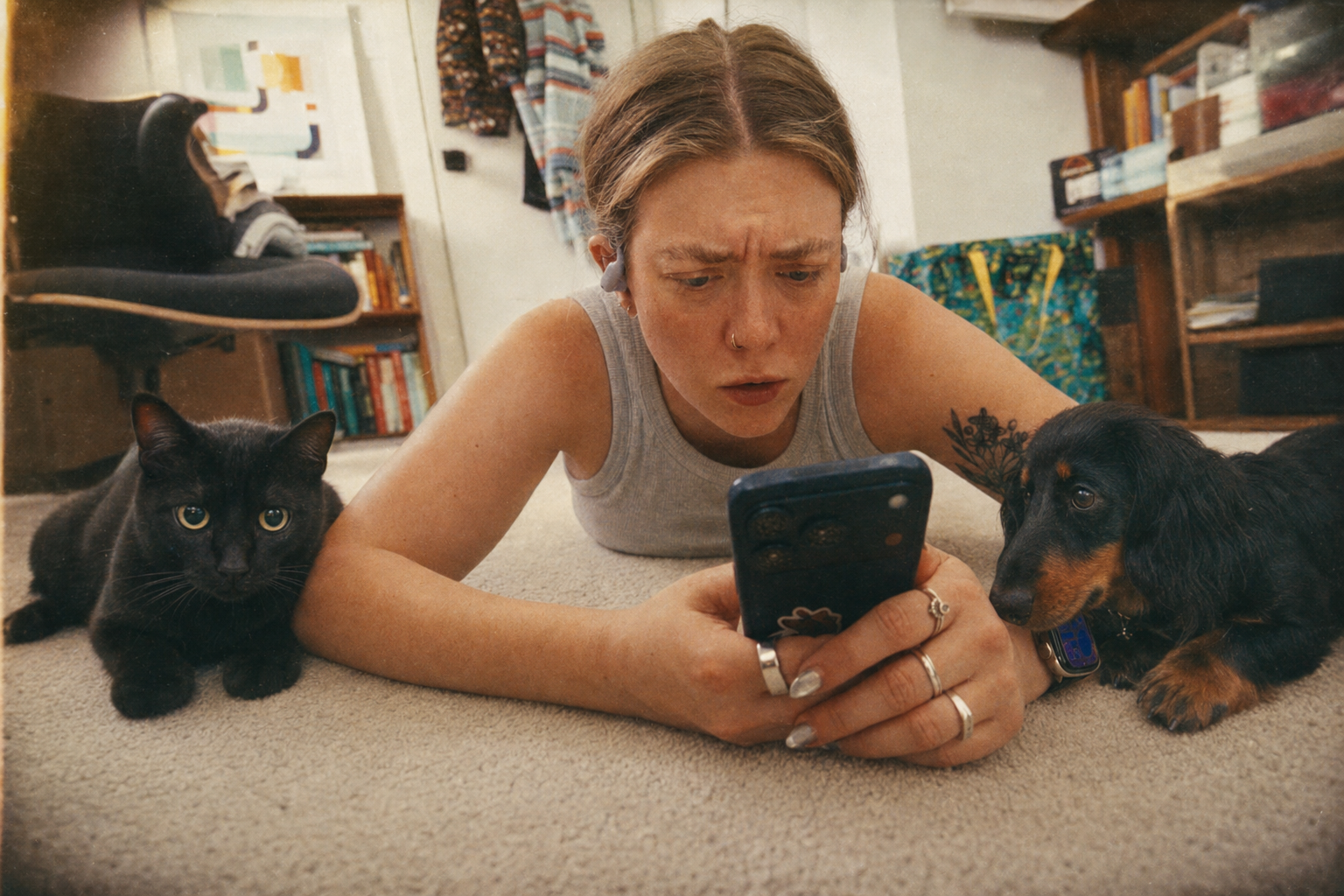 The cat judges her screen; the dog waits for permission to care.