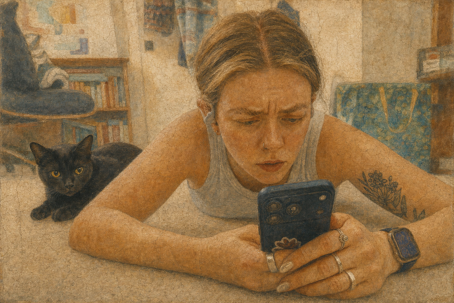 The black cat judges her phone; the phone judges back.