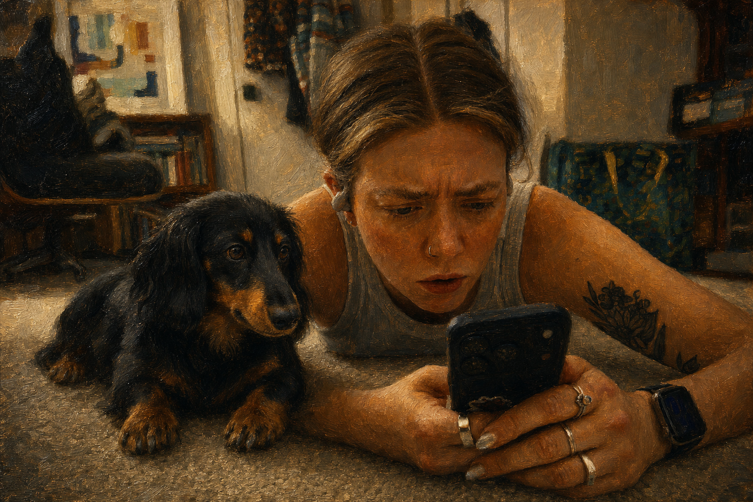 The dog watches the phone; the phone ignores the dog; both are correct.