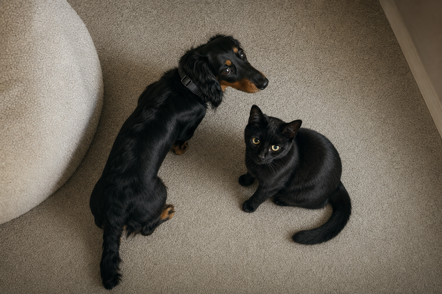 The dog waits for permission; the cat has already decided.