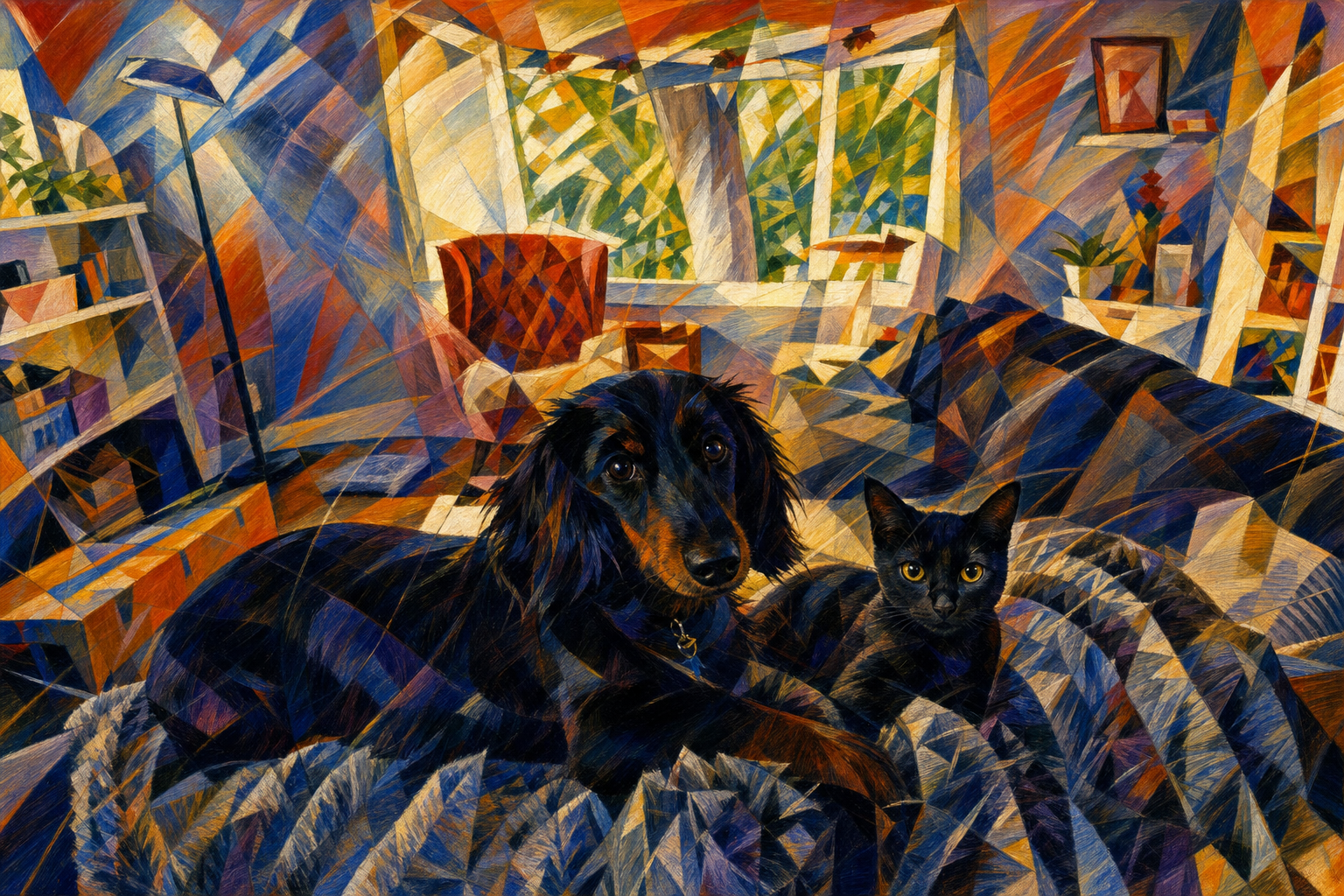 The dog and cat endure the apartment's fever dream; only the plants remain sane.