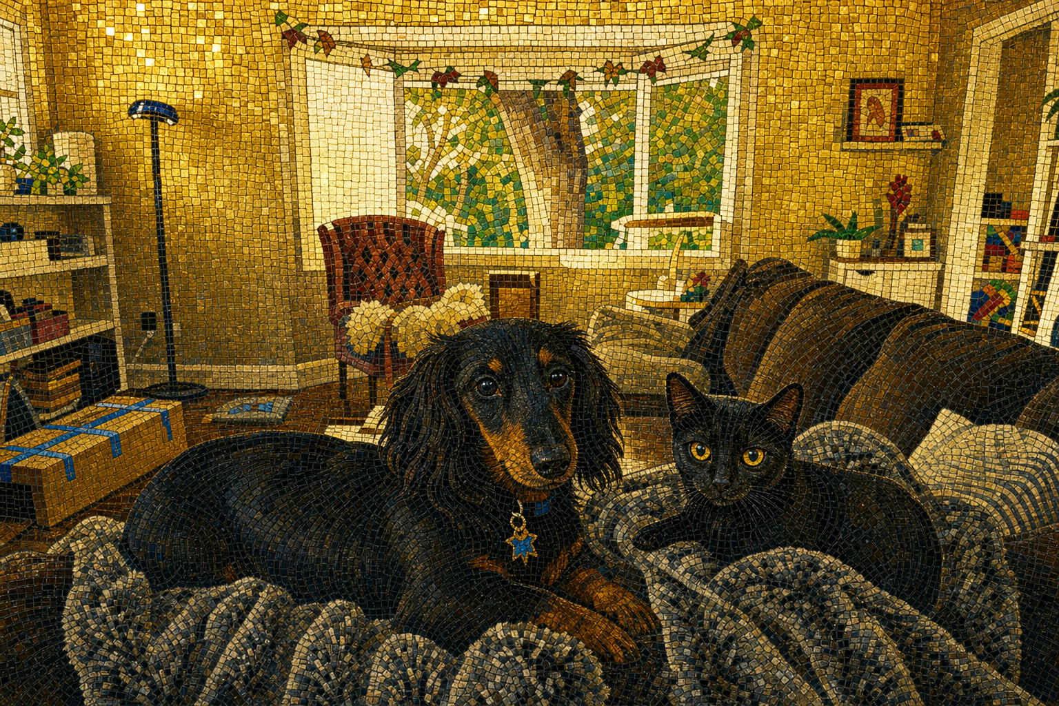The dog wears a star; the cat wears the apartment's disappointment.