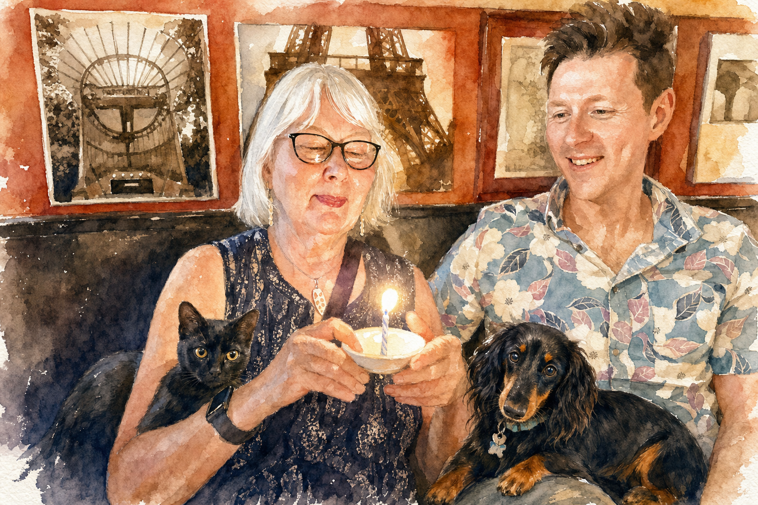 She holds the candle; the cat holds the judgment.