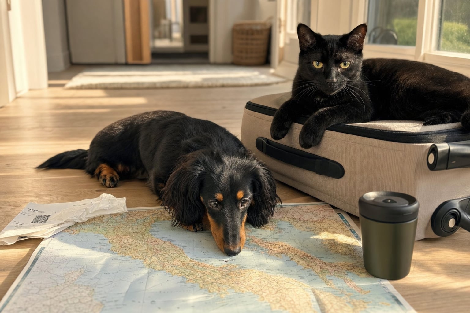The dog studies Italy on the map; the cat waits for him to leave.