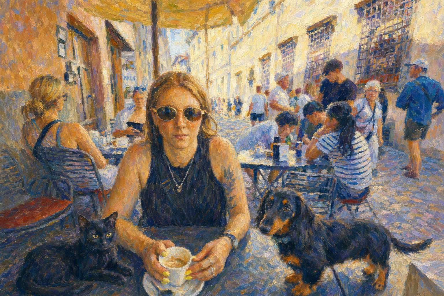 She feeds two dogs at once; the espresso cup knows her secret.