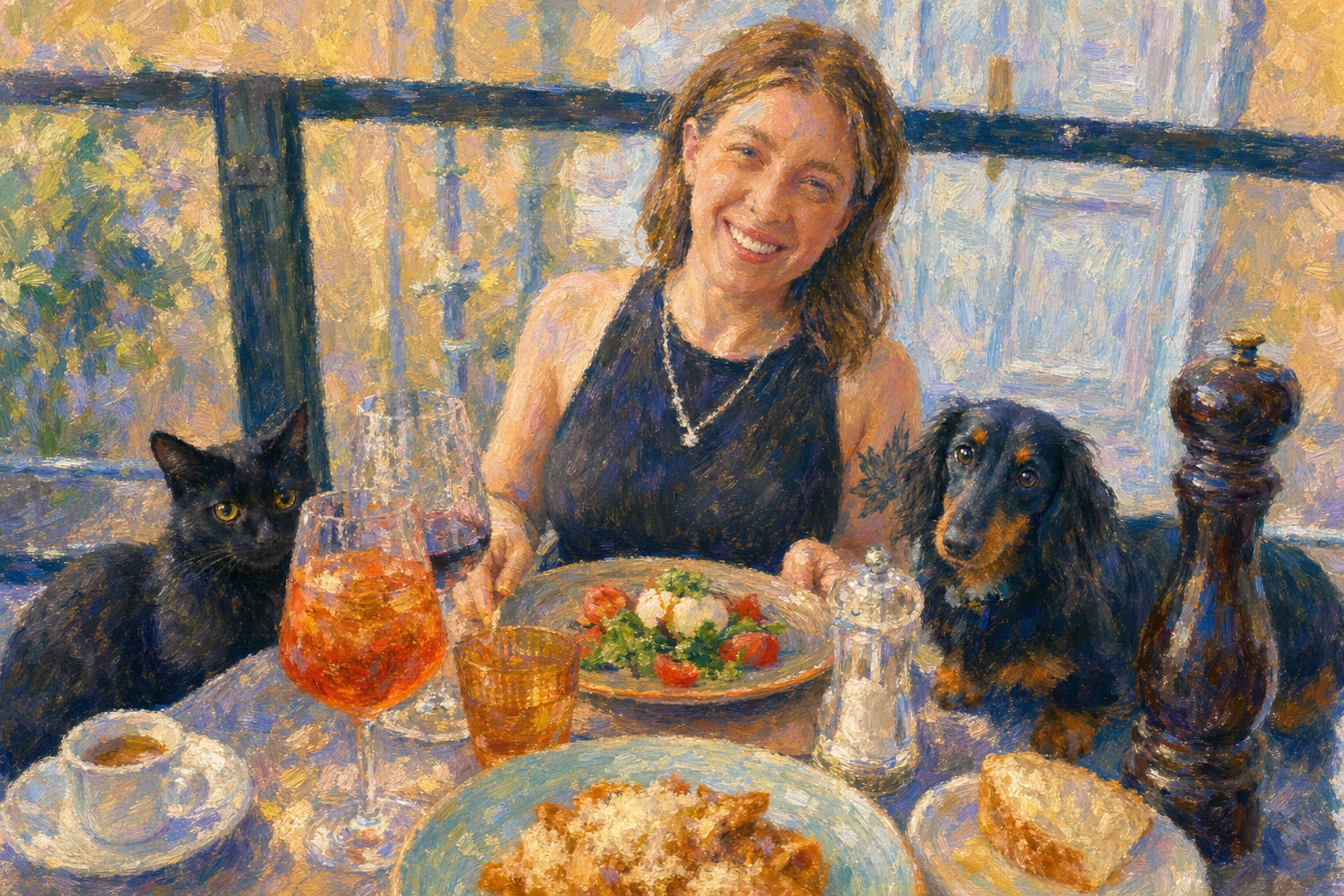 The cat judges her happiness; the dog pretends not to notice.