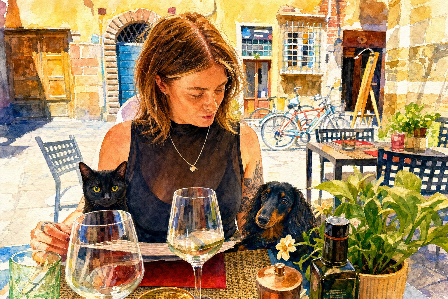 She pours wine while the cat judges and the dog hopes; the piazza waits for someone to spill.