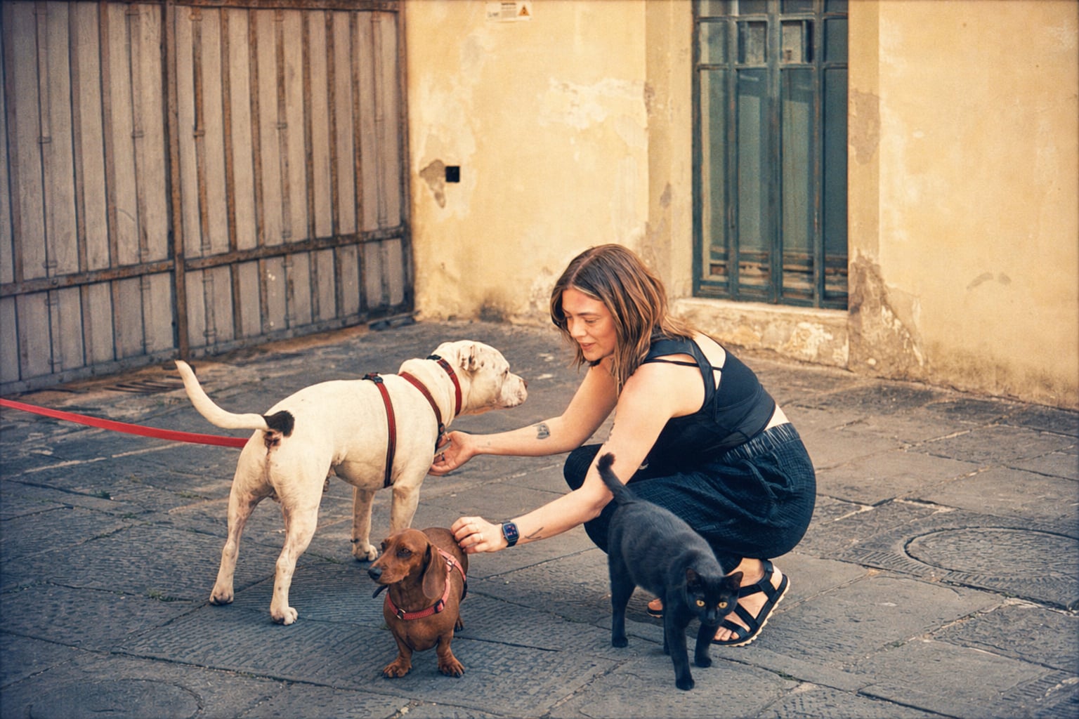 She feeds three dogs in a piazza; the basilica will wait.