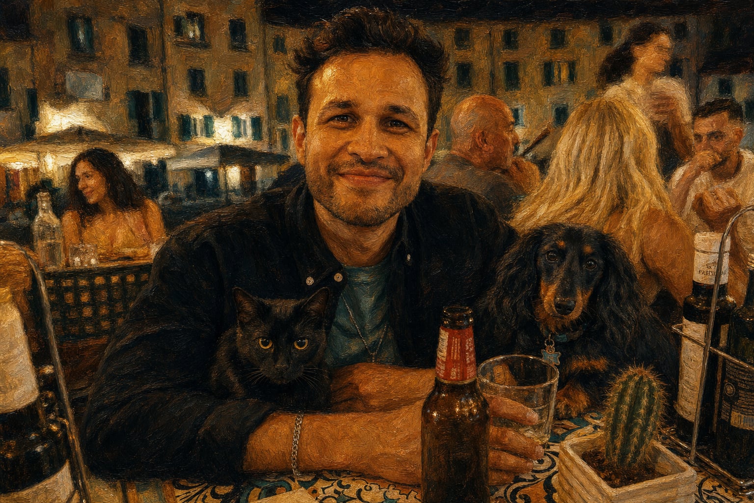 He smiles at the piazza with a cat, a dog, and a beer; the buildings behind him are jealous.