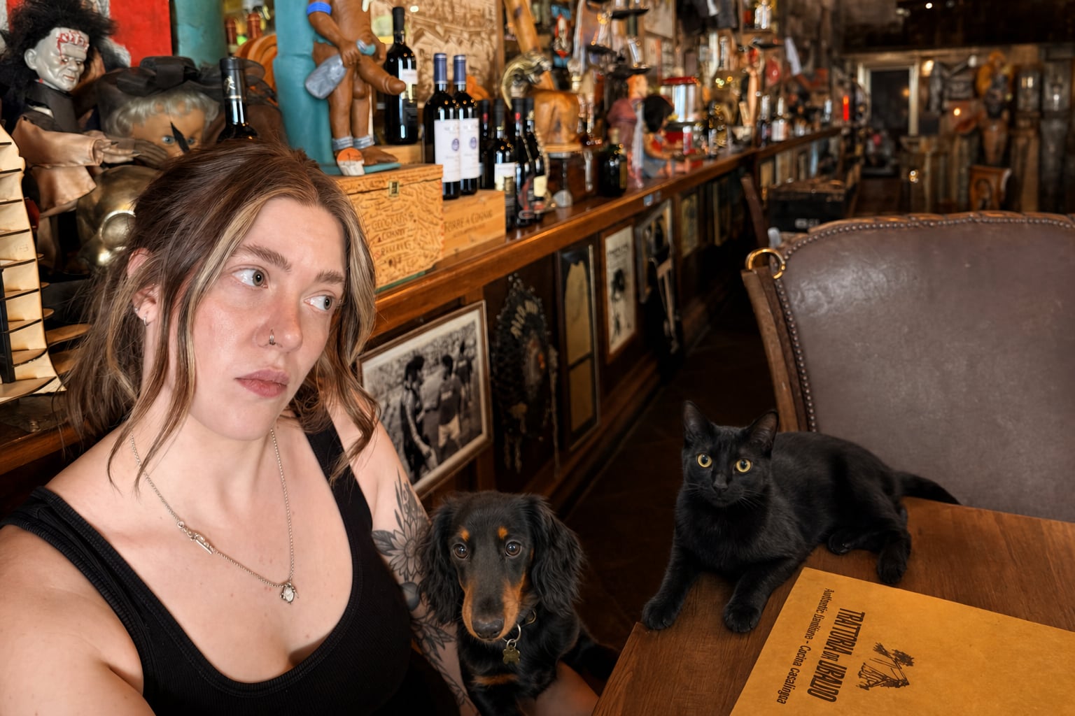 The black dog worries; the black cat judges; the woman stares past both into the void where the wine bottles live.