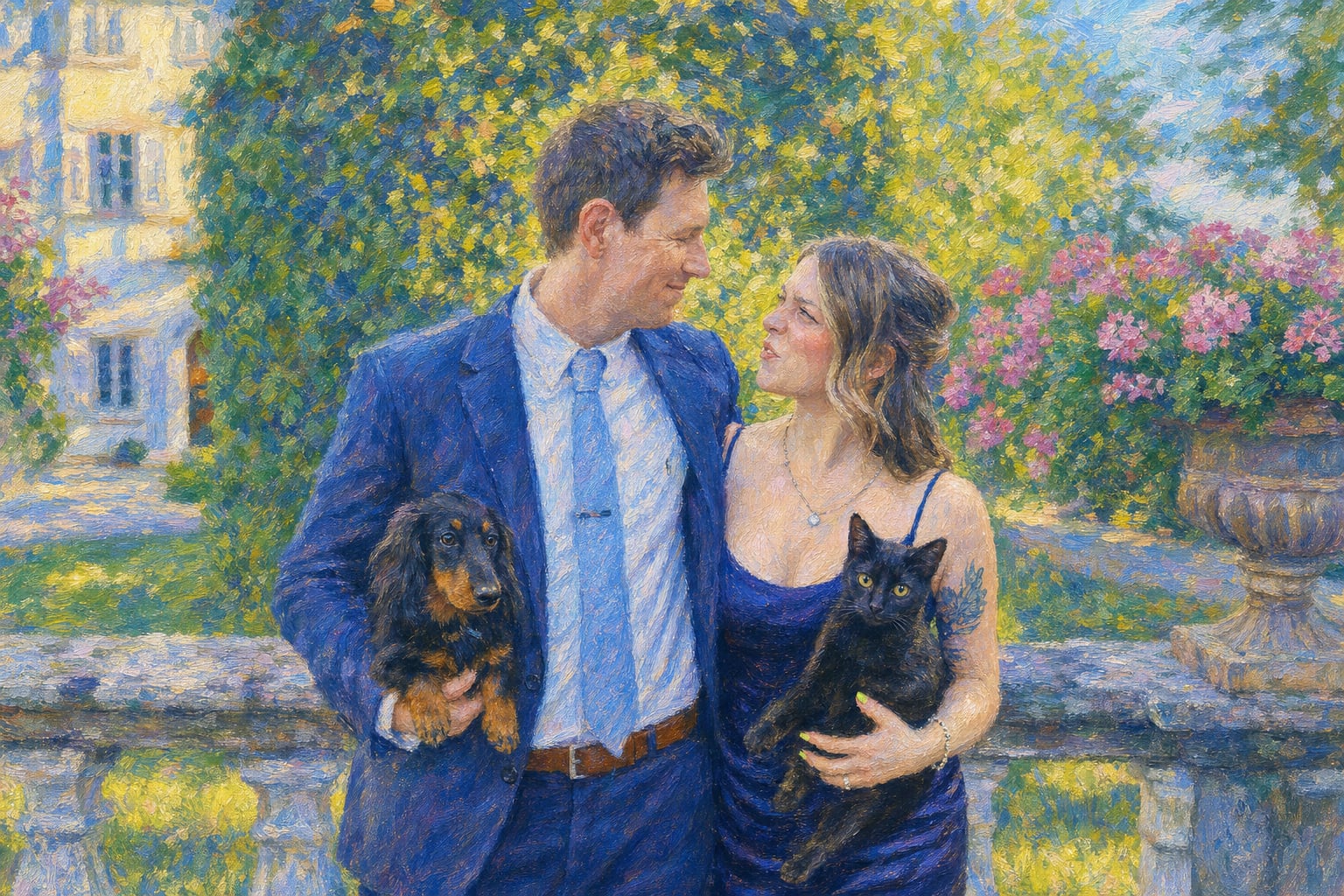 The dog knows what the cat refuses to admit: love requires holding still in a garden.