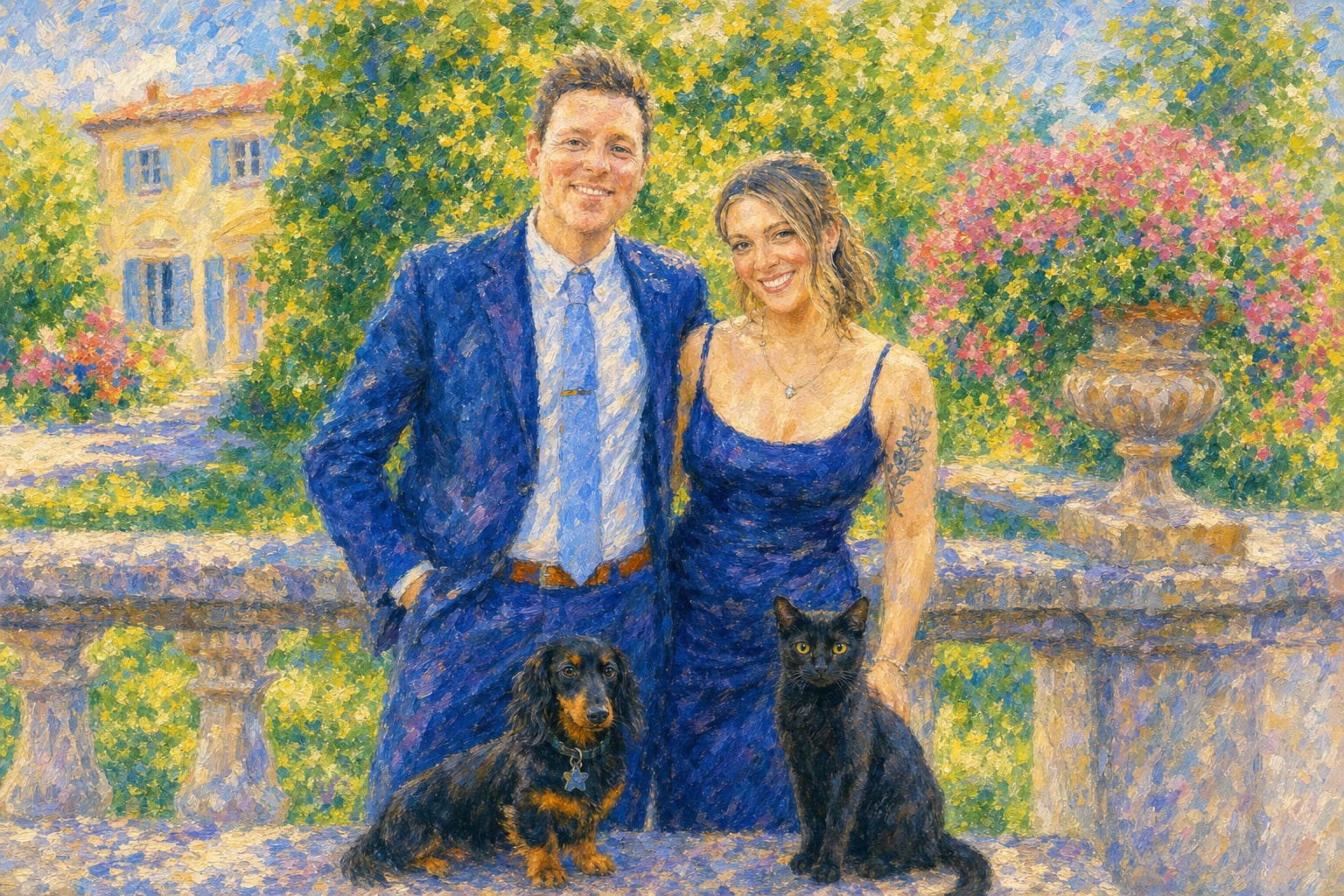 The dogs match the ivy; the couple matches the sky; nobody explains why.
