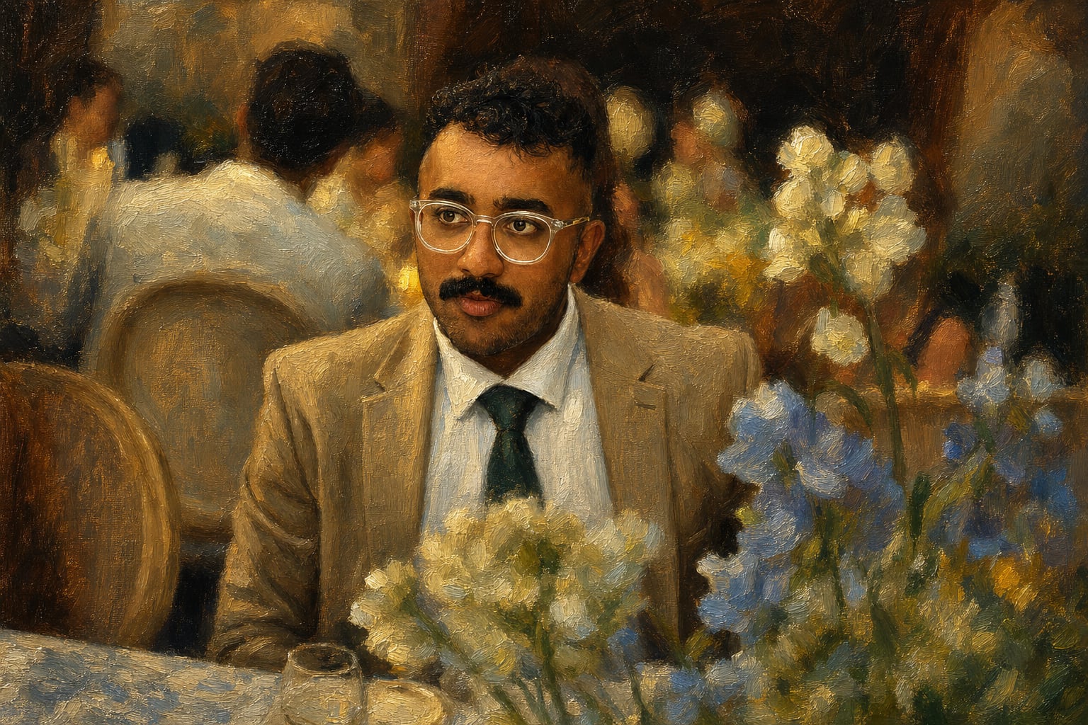 The flowers are better company than the other guests; he knows this.