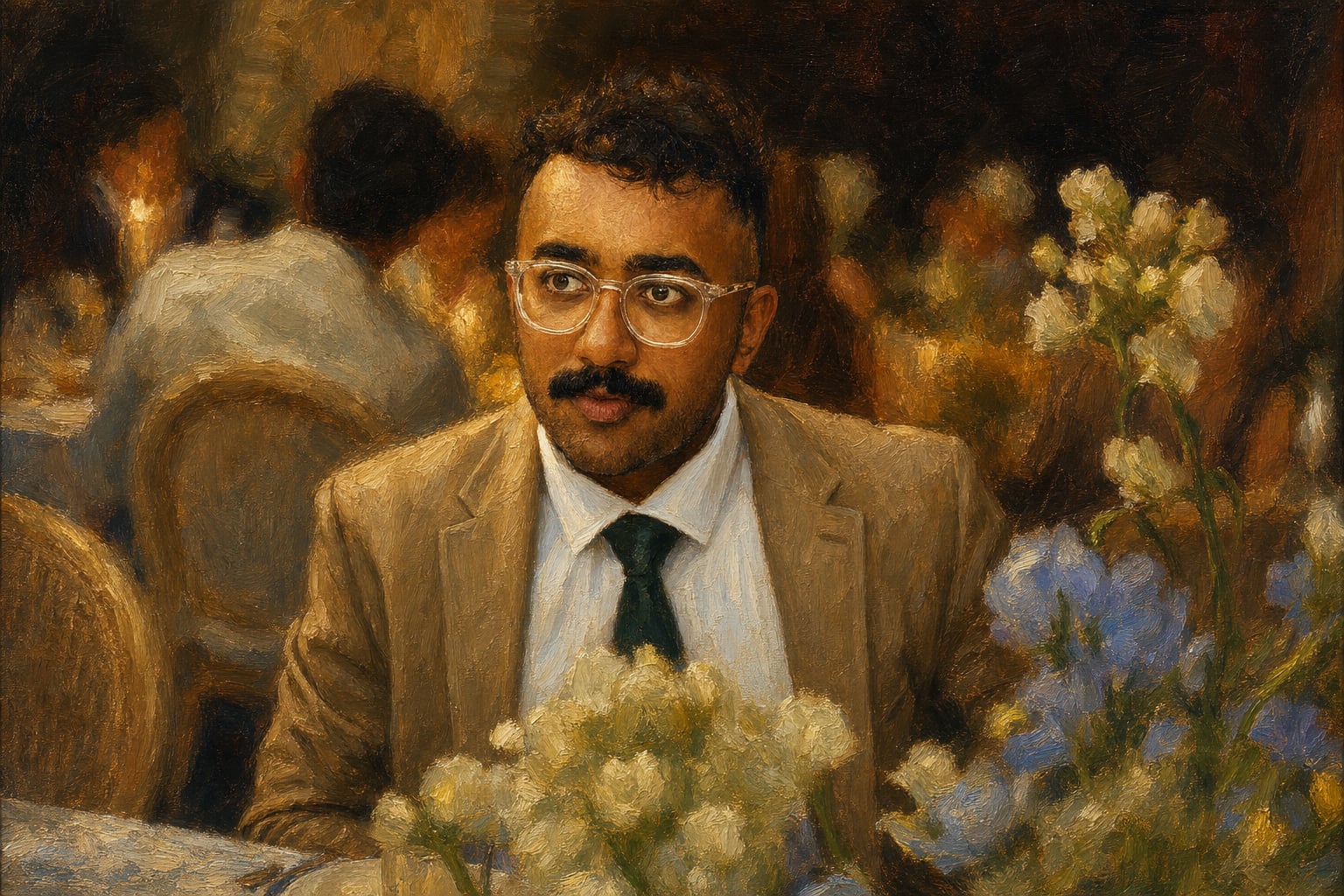 He wears the glasses of a man who has seen the flowers and finds them guilty.
