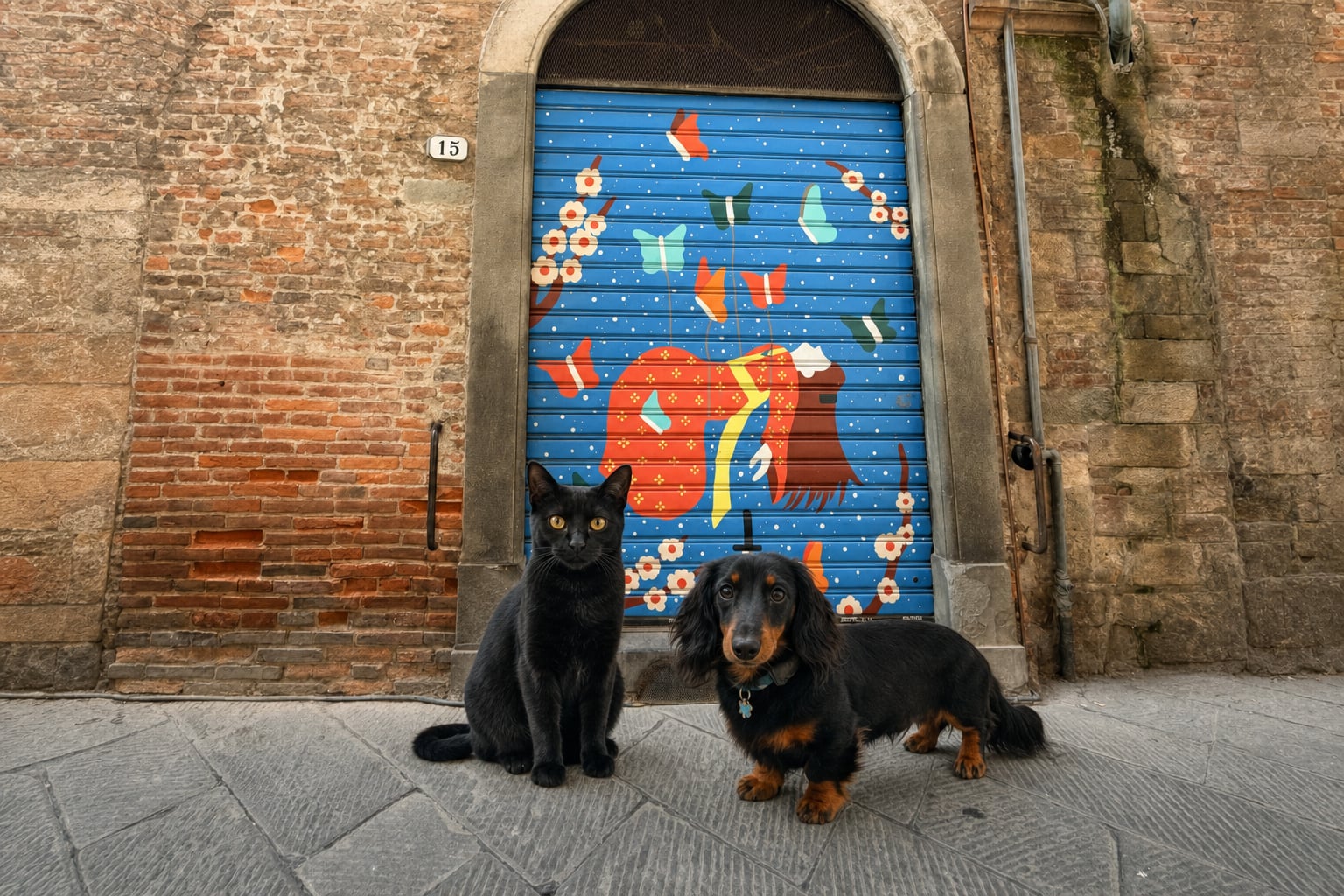The cat knows; the dog believes; the shutters contain both truths.