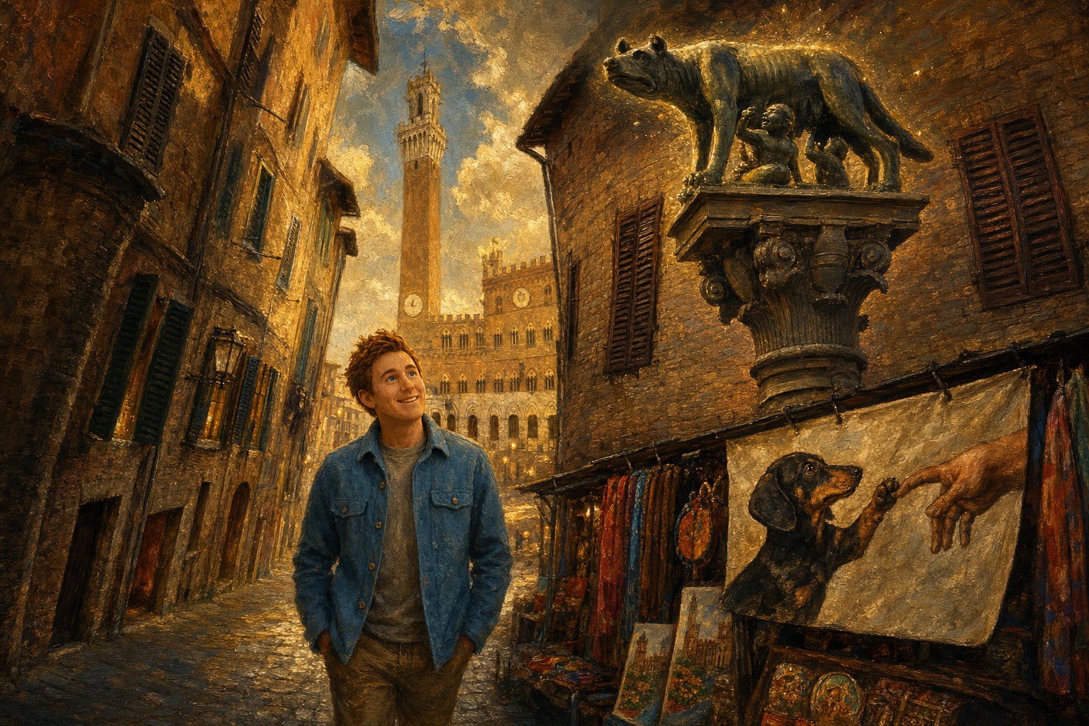 The boy smiles at the tower; the she-wolf on the column smells tourist sweat and regret.