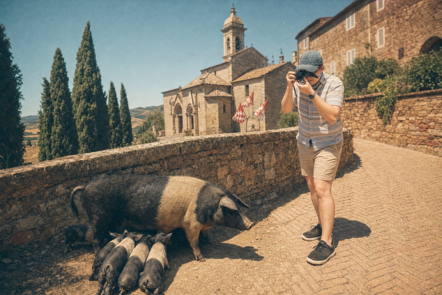 The tourist photographs the pigs; the pigs ignore the basilica.