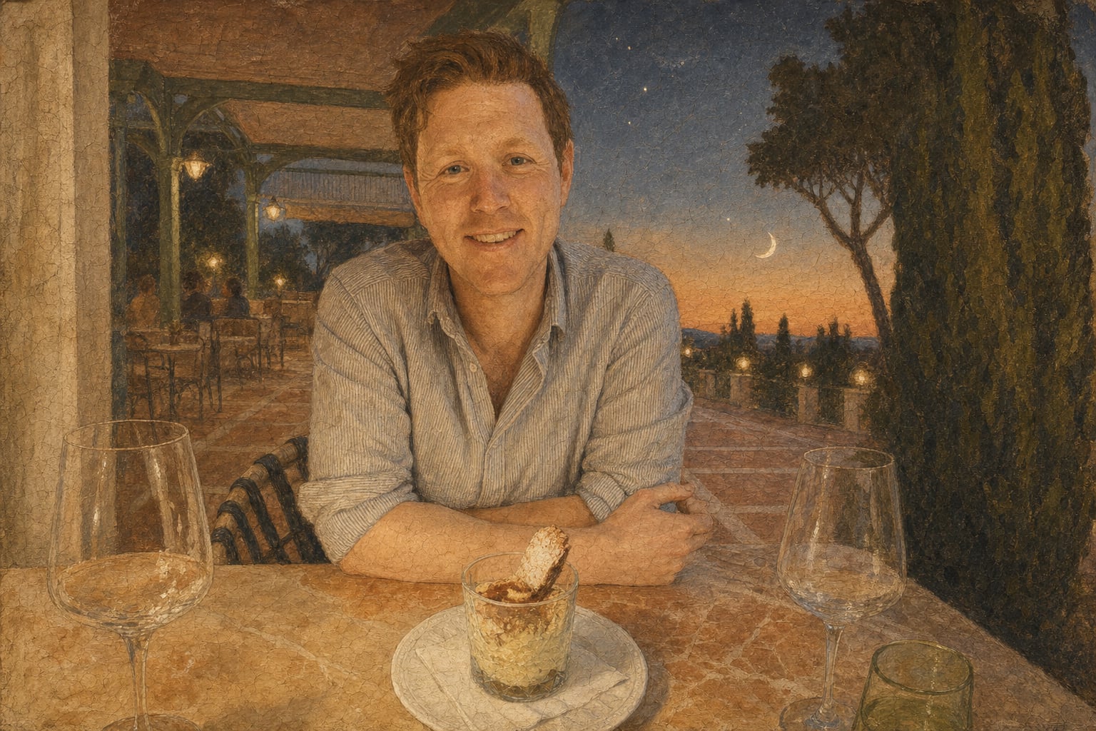 He smiles at the tiramisu; the crescent moon takes notes.